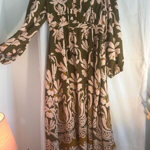 &merci Boho Floral Maxi Dress Olive Green Pink Print Tassel Tie Waist Flowy